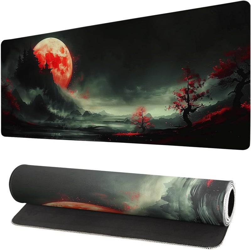 Brecoy Extended Gaming Mouse Pad, Large Desk Mat XL Anime Mouse Pad Waterproof with Stitched Edges, Non-Slip Desktop Pad for Home and Office, Level Up Your 31.5x11.8 Inch (Red Moon) - Image 1